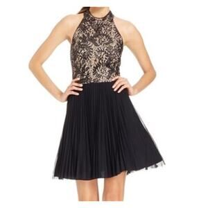Xscape Women's Formal Cocktail Dress Lace Sequin High Neck Pleats Short Black 12